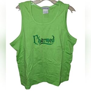 Vtg Y2k Charmed tank Top Green L Basic Editions Cotton Embroidered Logo Nwot